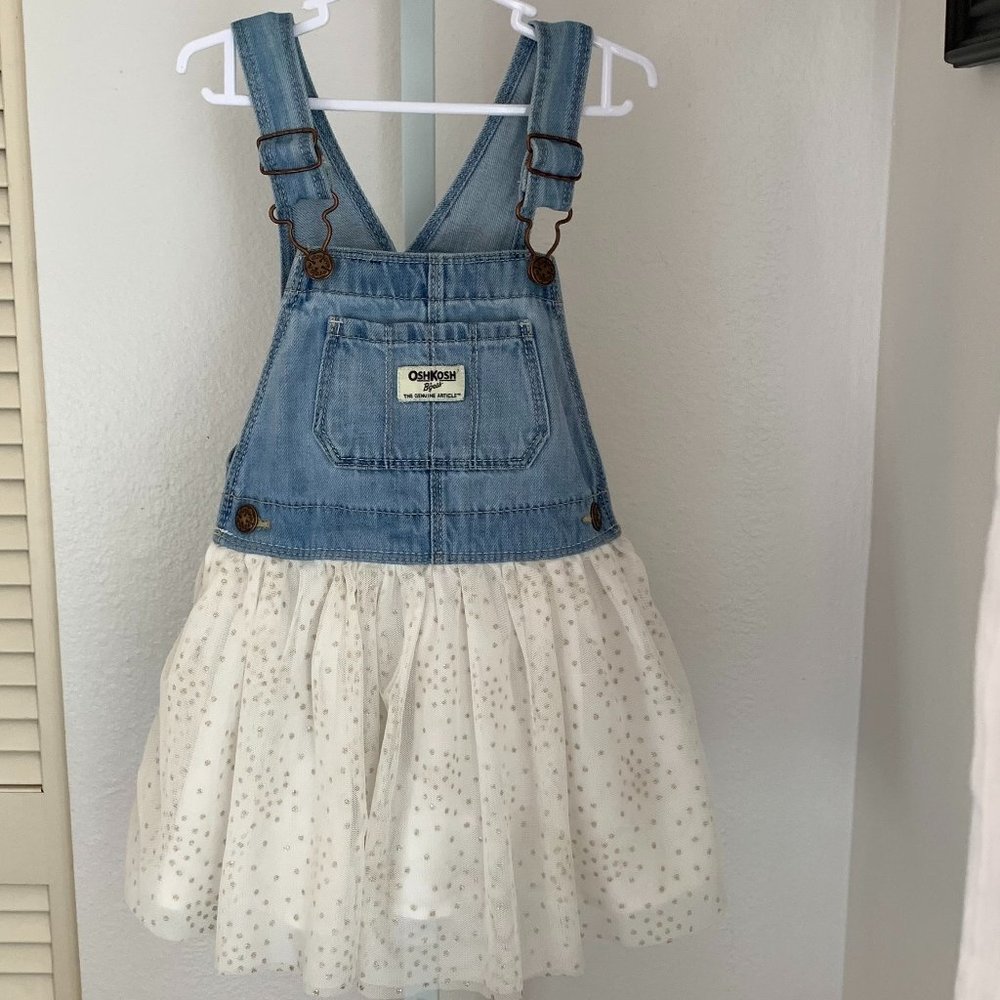 OSHKOSH B'GOSH Girls Denim Bib Dress with Sparkle Tutu, Blue & Ivory, Size: 3T
